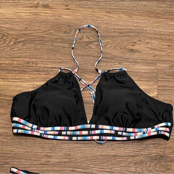 Black and Multicolor Striped Women's Swim Set 2 Piece Halter Neckline Size XL - Picture 7 of 14